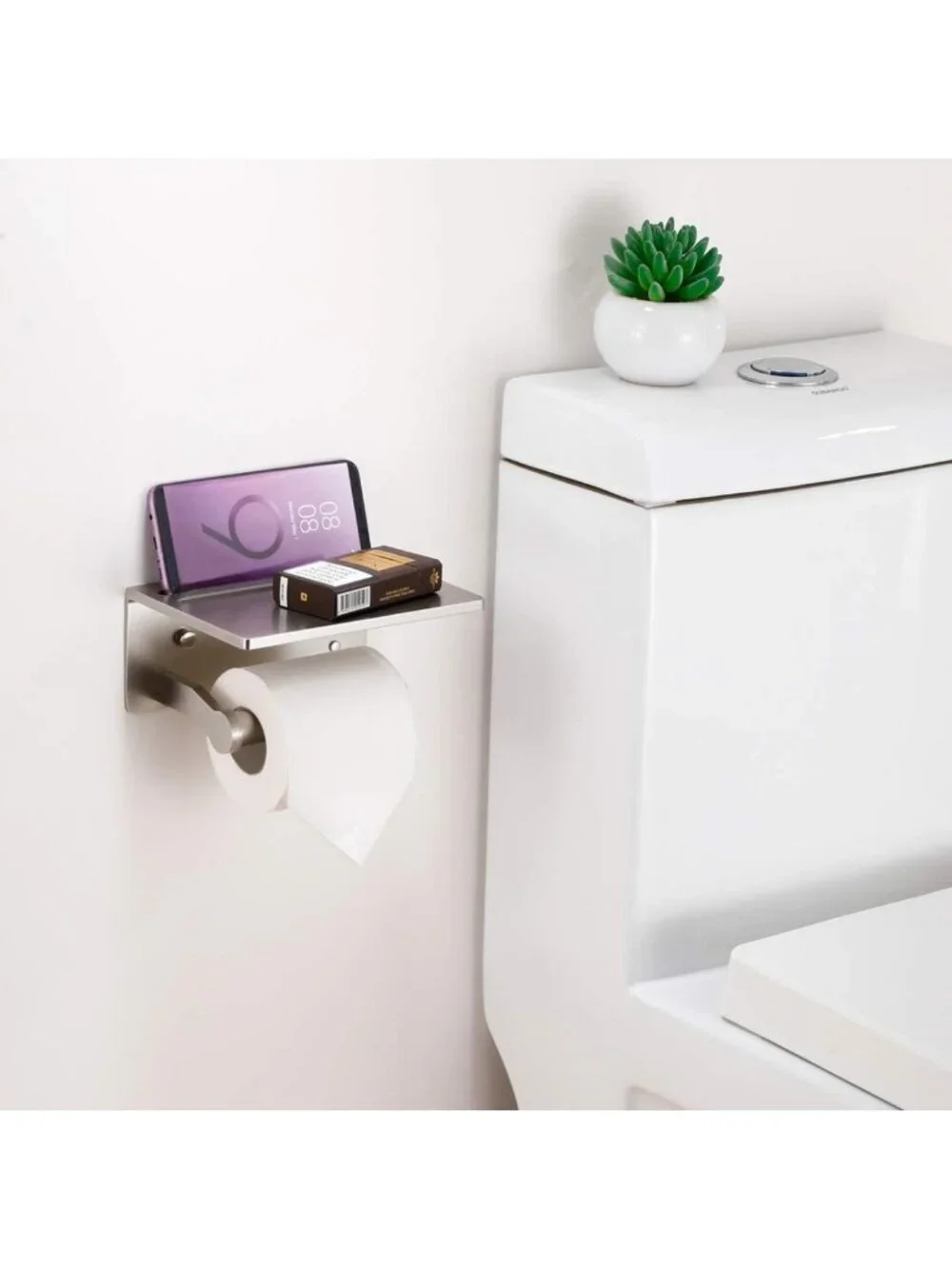 Stylish Toilet Paper Holder with Shelf - Aluminum Tissue Roll & Phone Storage
